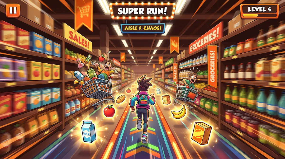 Cheerful cartoon shopper sprinting through a vibrant supermarket aisle, Grocery Run endless runner for DealCart x Olper's